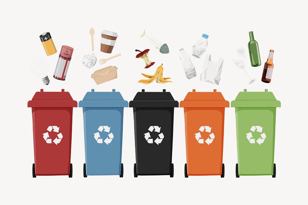 Sorted garbage, recycling bins illustration