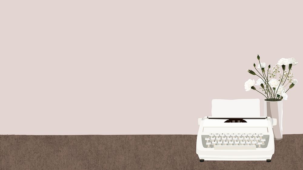 Pink retro typewriter computer wallpaper, aesthetic illustration
