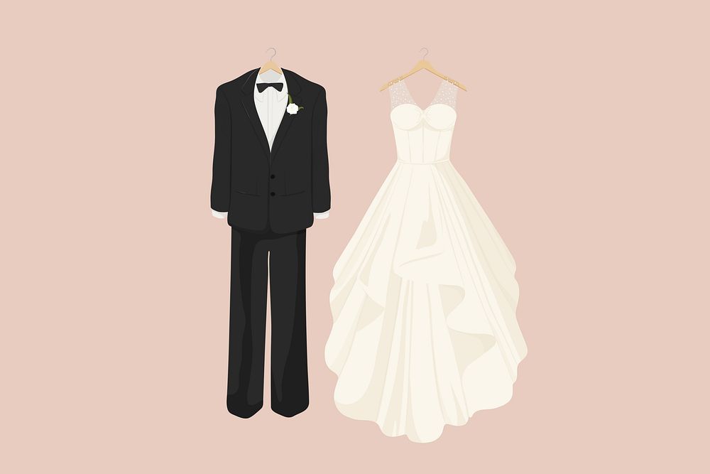 Wedding attire, bride & groom fashion illustration
