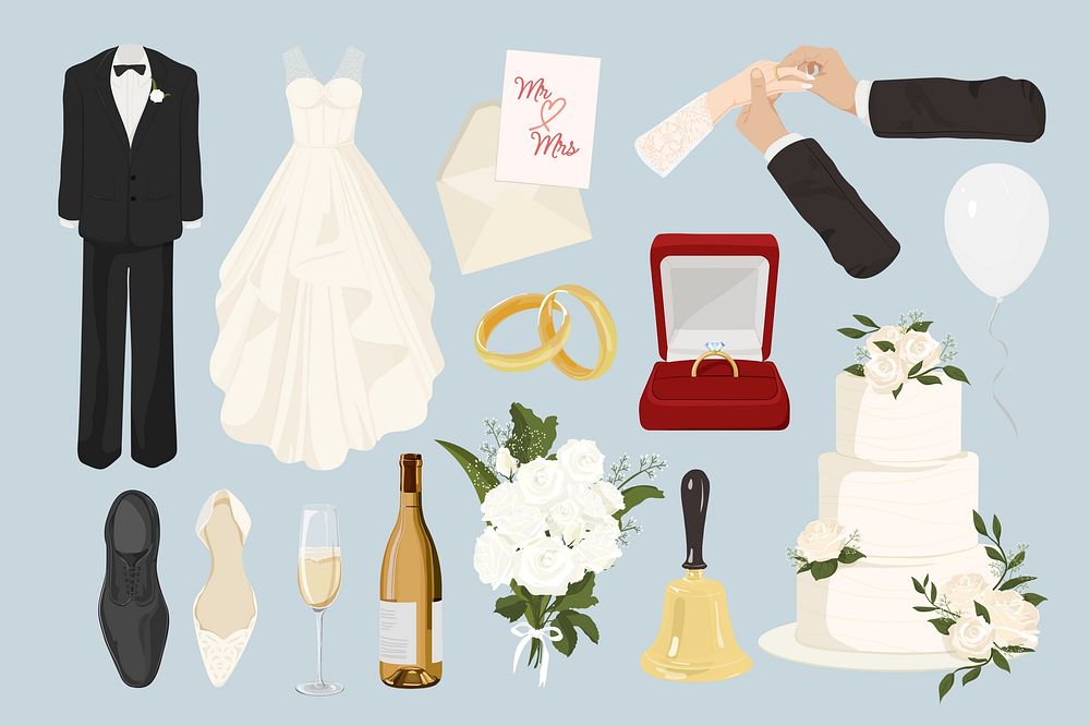 Aesthetic wedding illustration collage element set