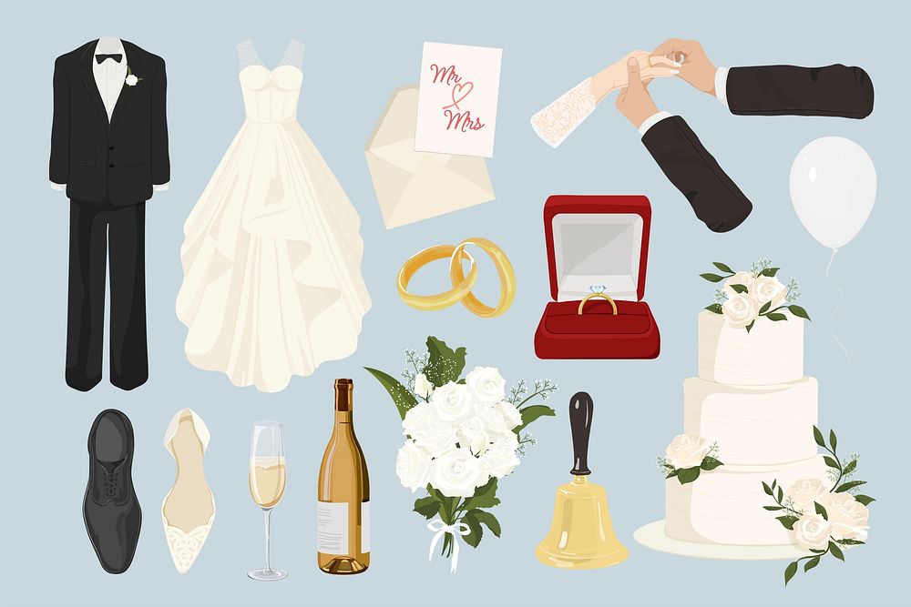 Aesthetic wedding illustration collage element set psd
