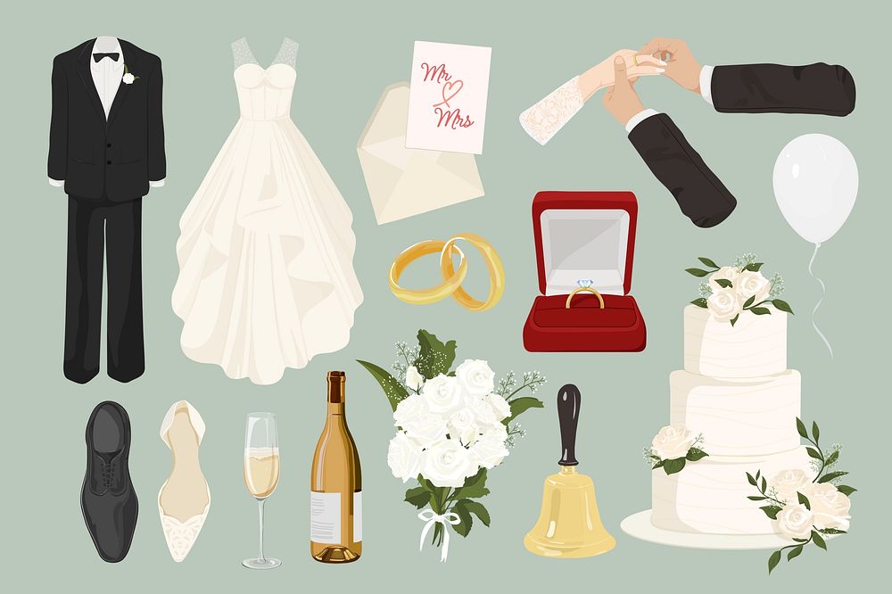 Aesthetic wedding illustration collage element set