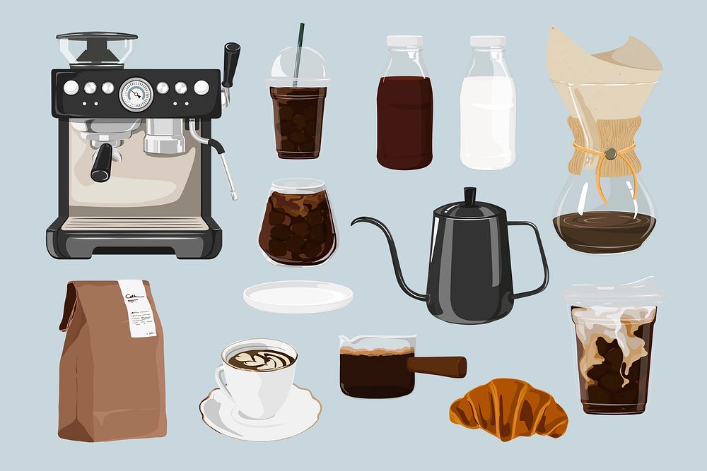 Aesthetic cafe, coffee & bakery collage element set psd