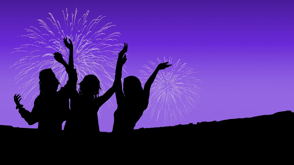 New Year fireworks HD wallpaper, people celebrating silhouette
