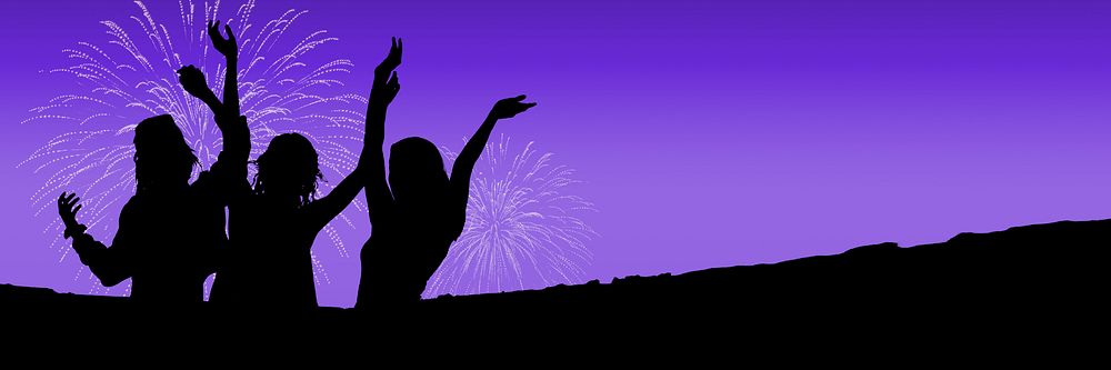 New Year fireworks background, people celebrating silhouette