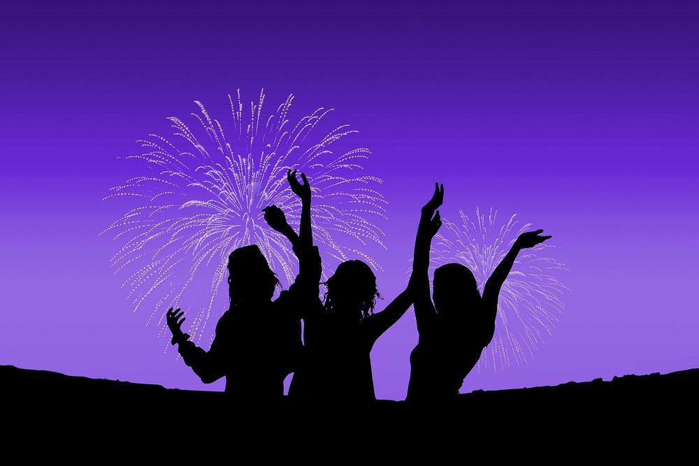New Year fireworks background, people celebrating silhouette