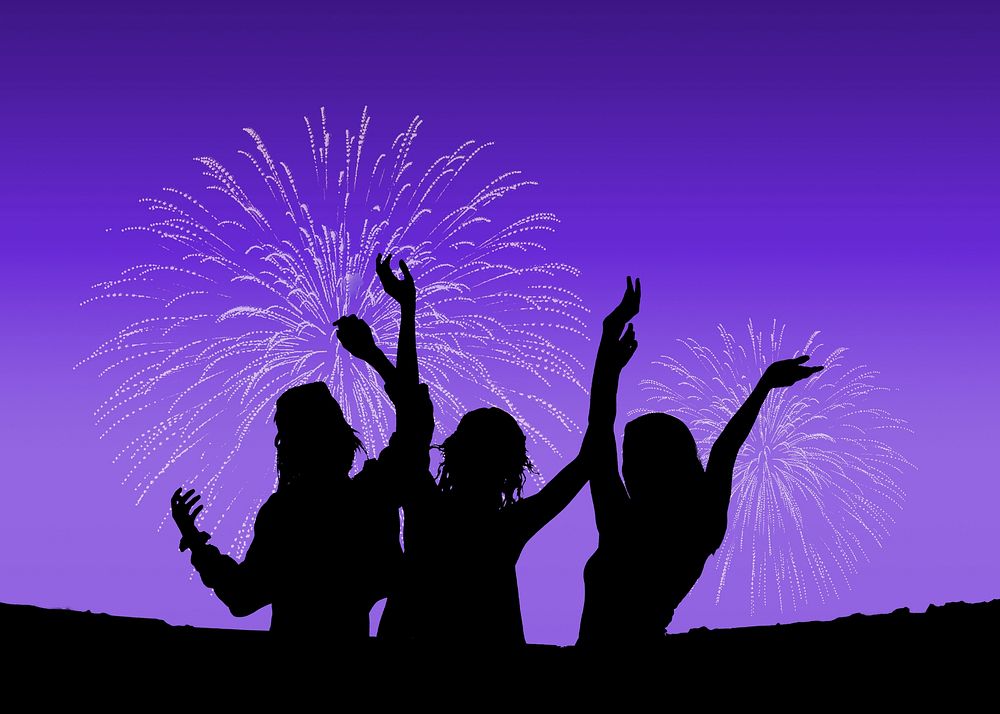 New Year fireworks background, people celebrating silhouette