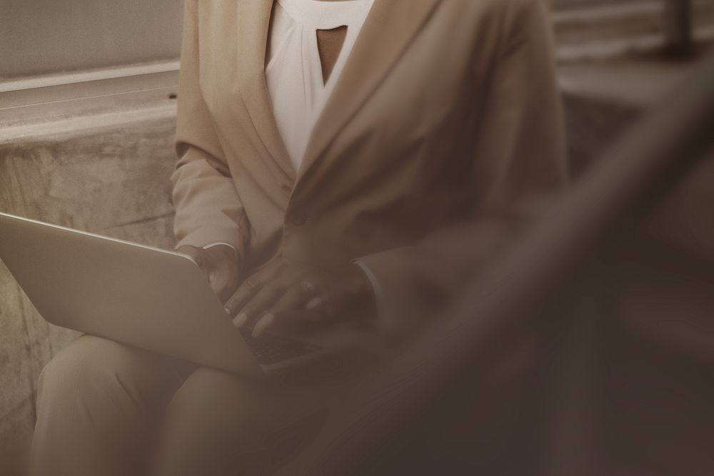 Businesswoman and laptop background, brown border design