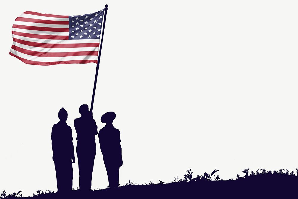Soldiers holding American flag border, silhouette image psd