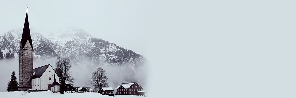 Countryside church border background, snow mountain