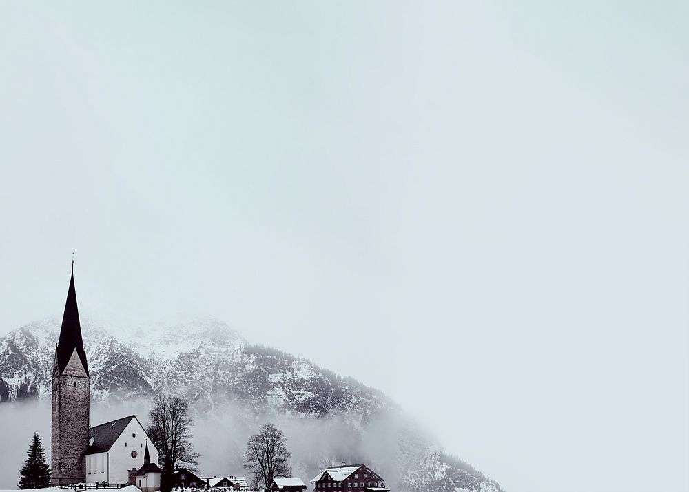 Countryside church border background, snow mountain