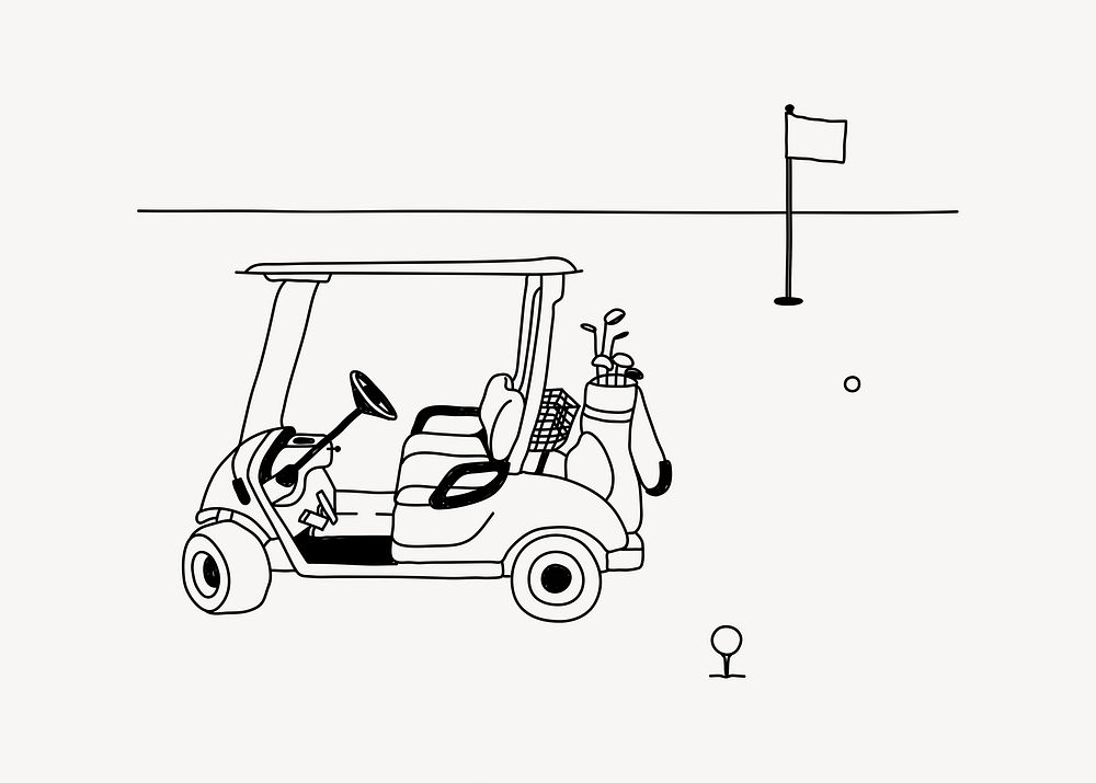 Golf cart & course line art illustration isolated background