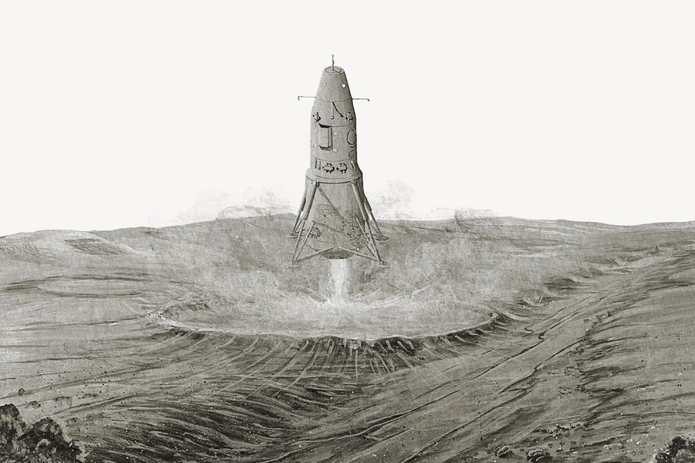 Launching space rocket, moon surface illustration