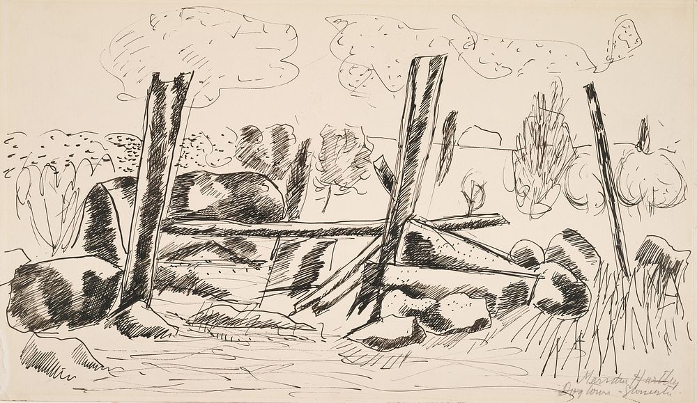 Landscape with Fence Posts and Rocks (Dogtown Common) (ca. 1934–1936) drawing in high resolution by Marsden Hartley.…