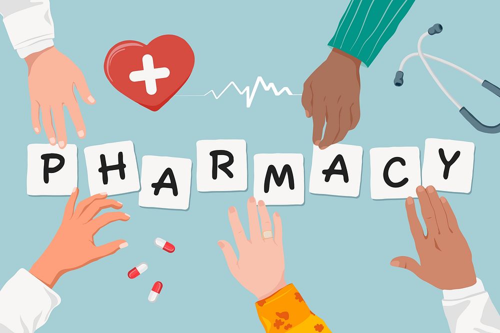 Pharmacy diverse hands, health & wellness remix