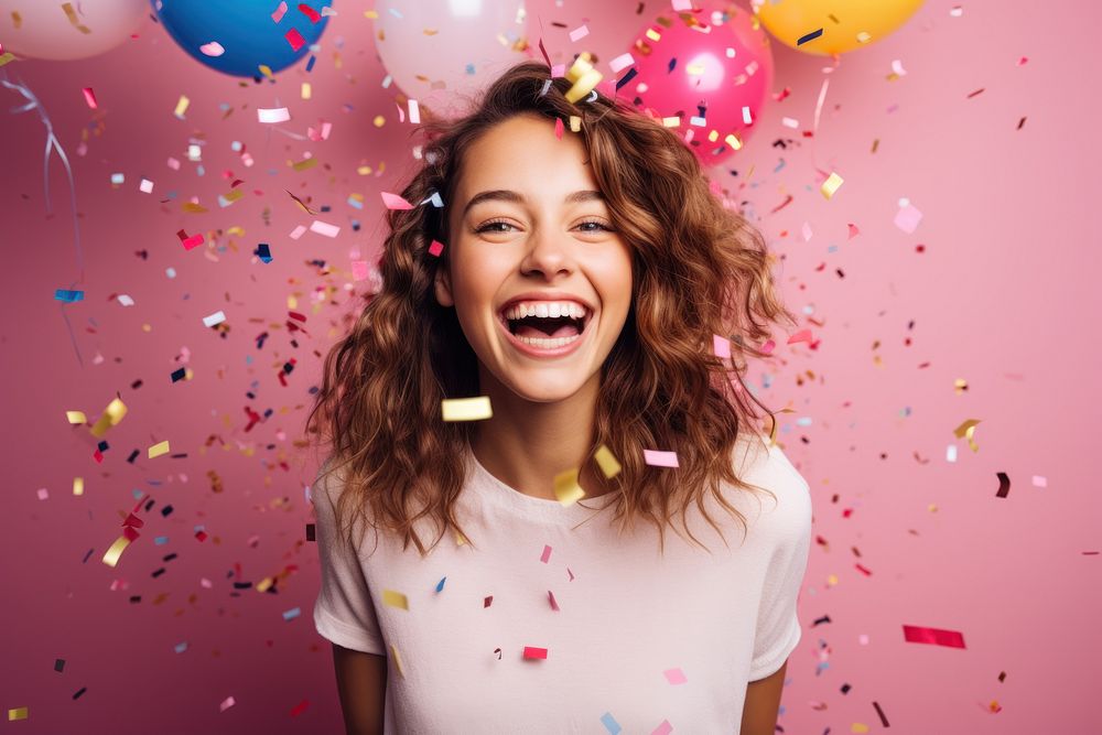 Happy woman with festive confetti & balloons AI generated image