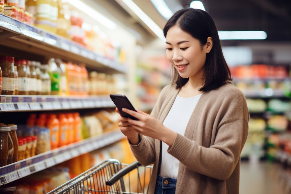 Asian woman using phone at supermarket AI generated image