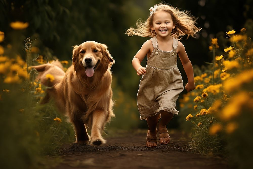 Golden Retriever & kid in a flower field AI generated image