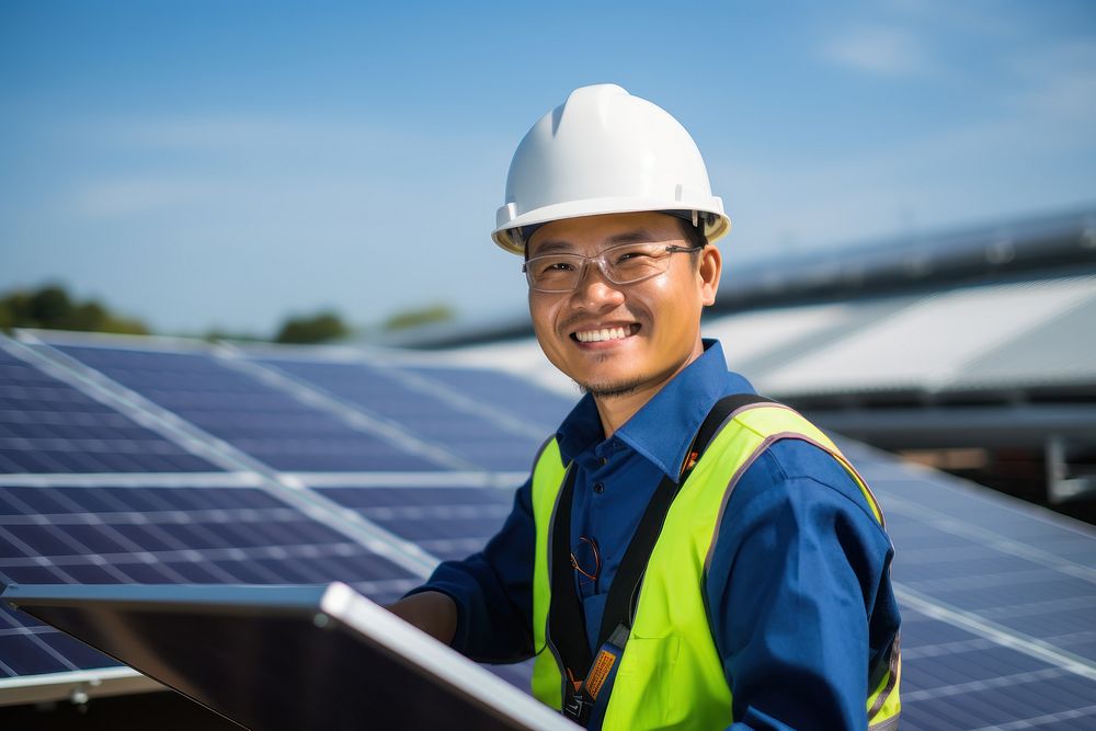 Asian male solar engineer, alternative energy AI generated image