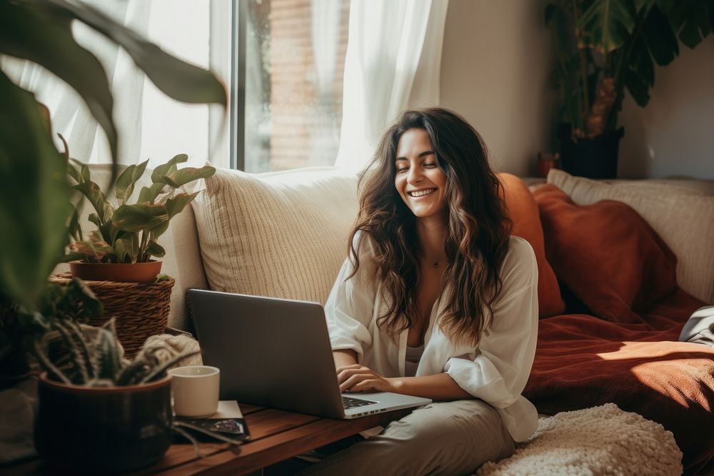 Laptop furniture computer smiling. 