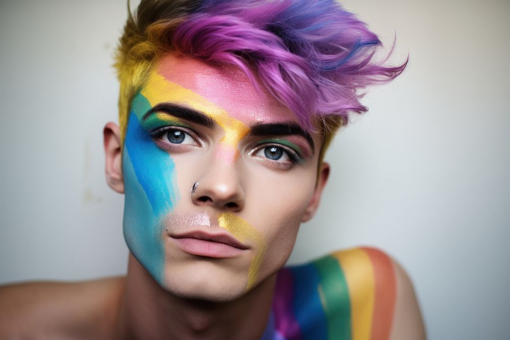 Man with pride rainbow flag face paint AI generated image