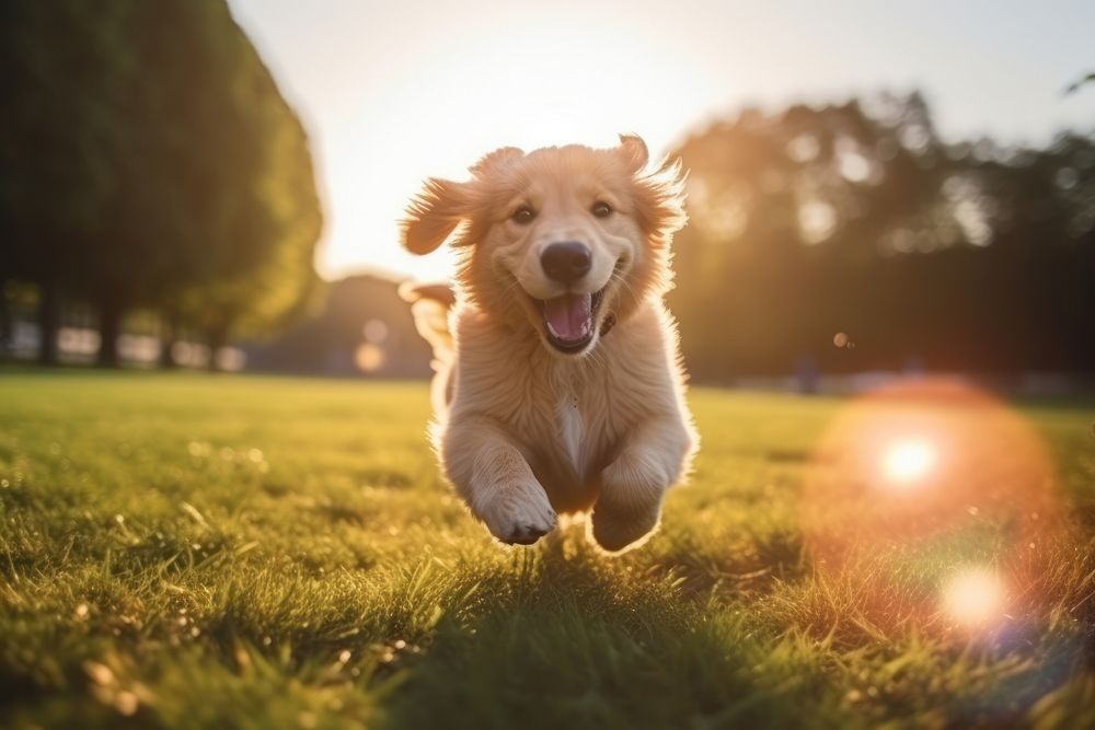 Golden Retriever puppy running in a park 