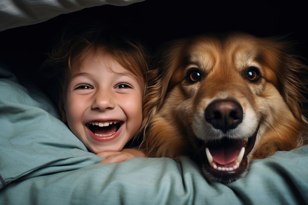 Golden Retriever & kid under blanket AI generated image