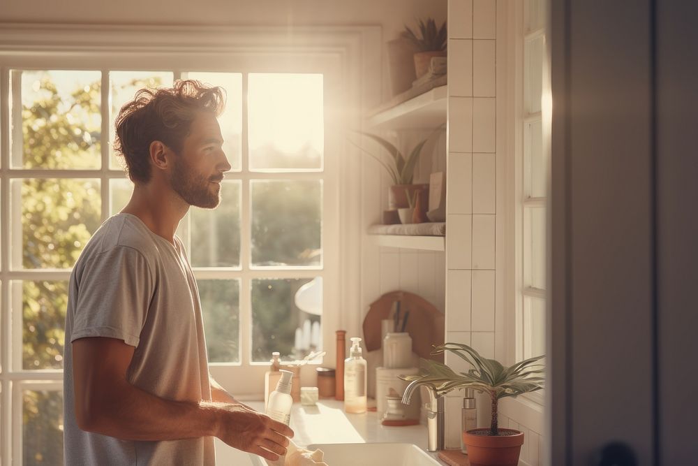 Man in toilet with morning light AI generated image