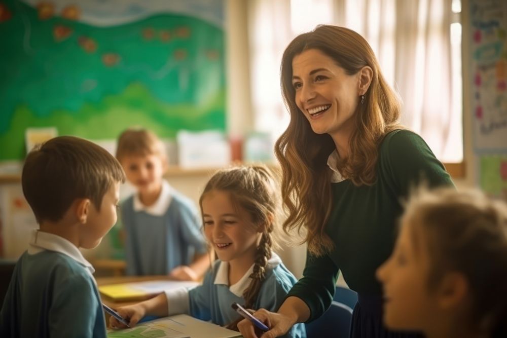 Teacher in happy classroom