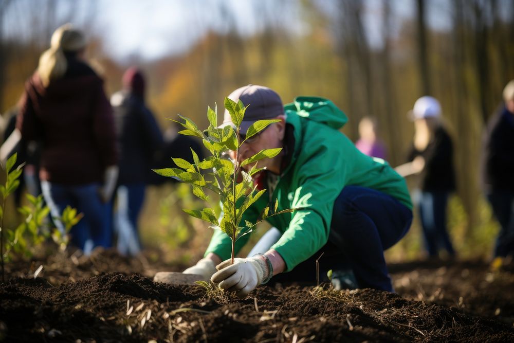Volunteers planting trees, reforestation. AI Free Photo rawpixel