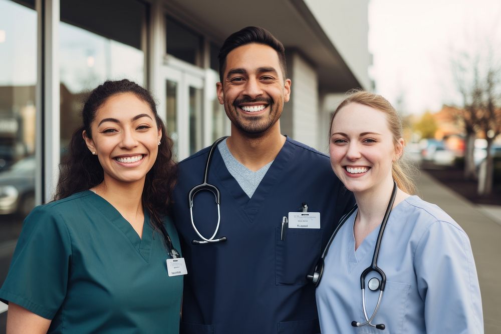 Smiling healthcare professionals outdoor image