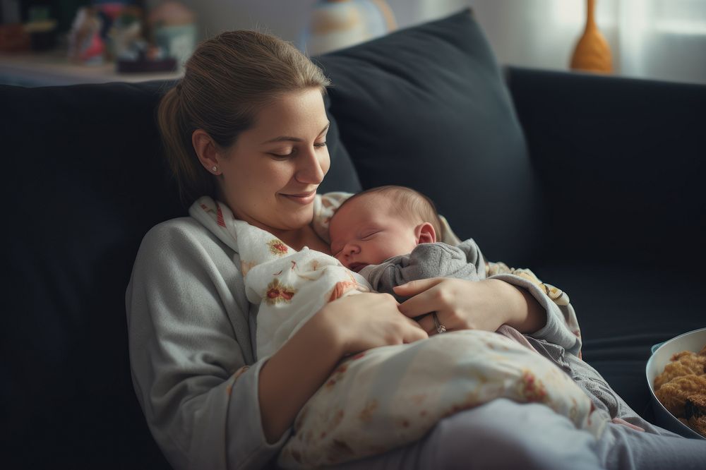 Baby sleeping on mom's chest Free Photo rawpixel