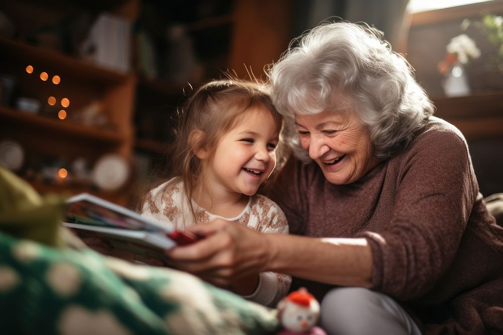Little girl reading with grandma AI generated image