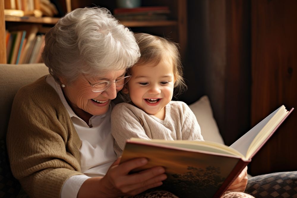 Little girl reading with grandma AI generated image