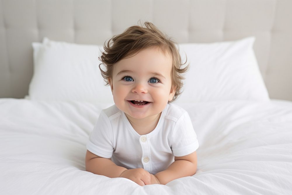 Baby cheerful portrait bedroom. AI generated Image by rawpixel.