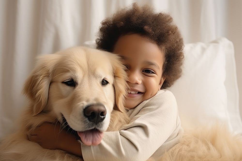 Toddler hugging Golden Retriever AI generated image