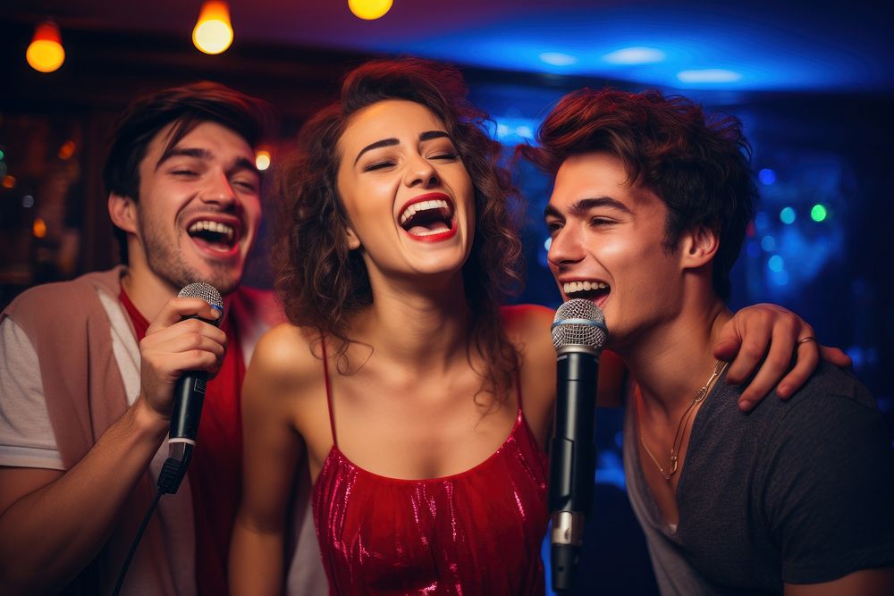 Diverse friends singing karaoke 