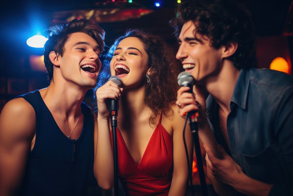 Diverse friends singing karaoke  image