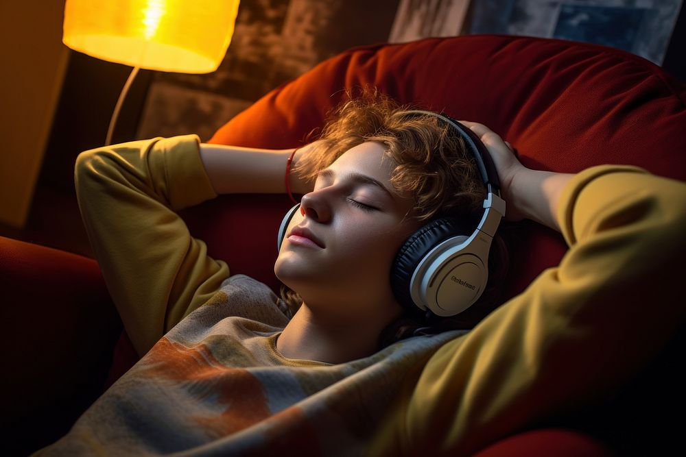 Young man enjoy music at night AI generated image