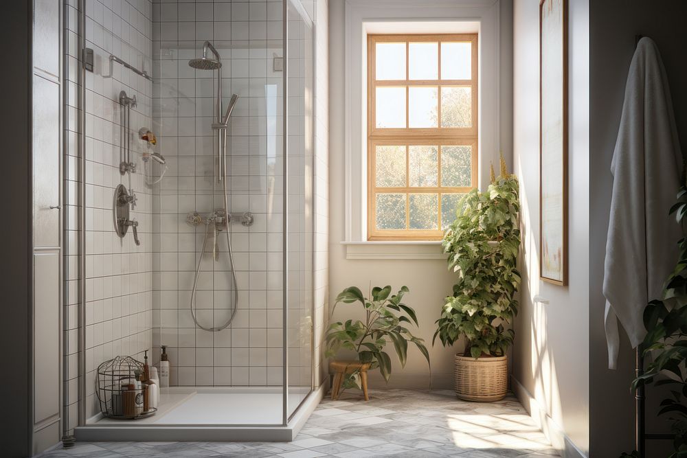Classic white shower room, natural light AI generated image
