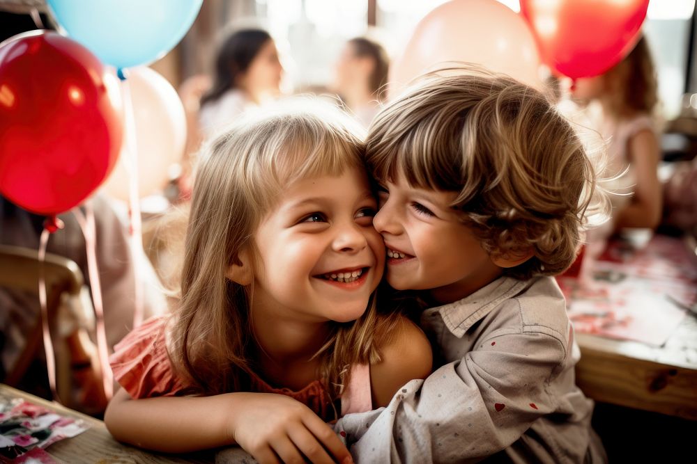 Kids hugging at birthday party