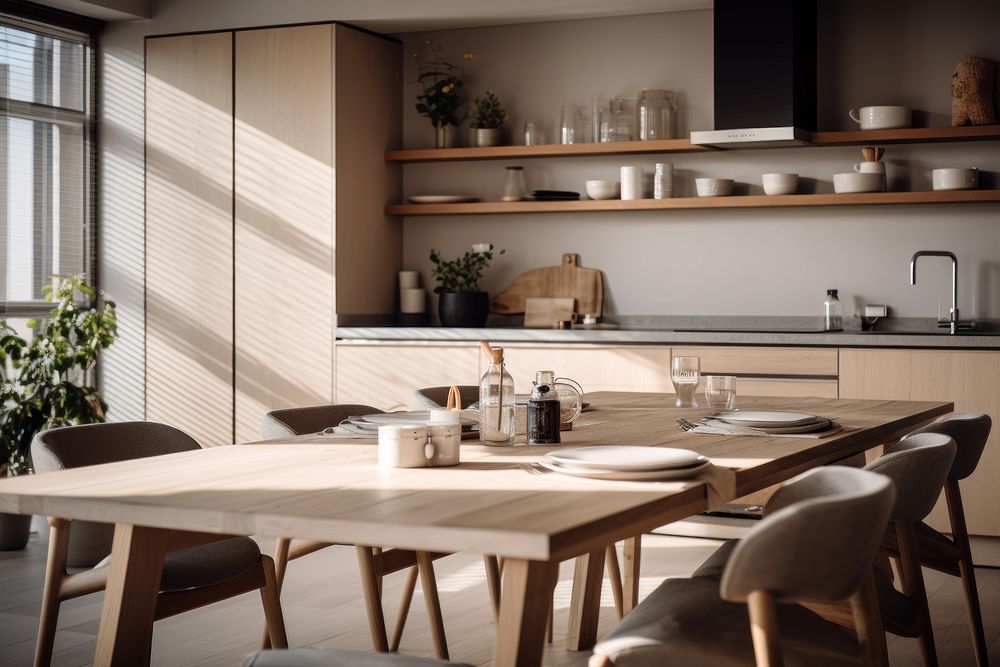 Japandi kitchen, minimal wooden dining table AI generated image