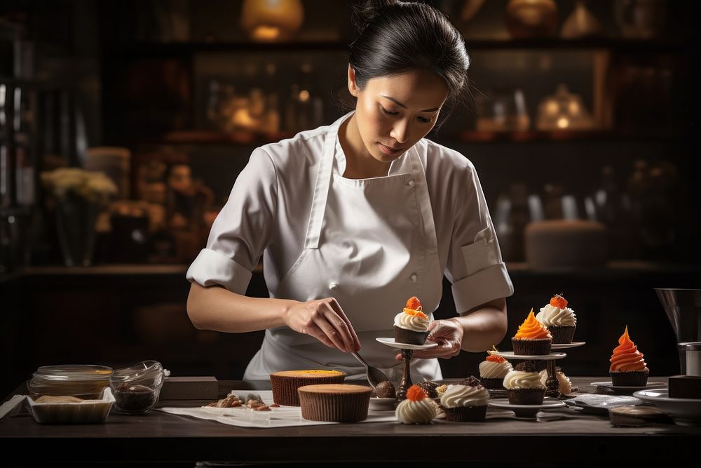 Asian female patissier making cake 