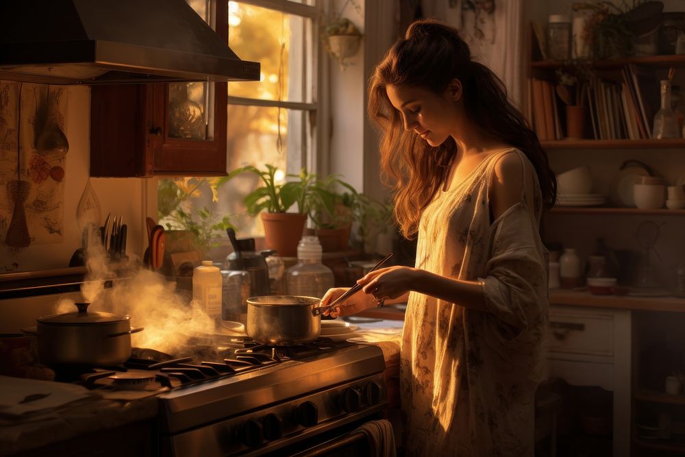 Woman making breakfast, morning light AI generated image
