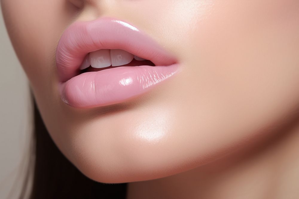 Woman wearing pink lip gloss AI generated image