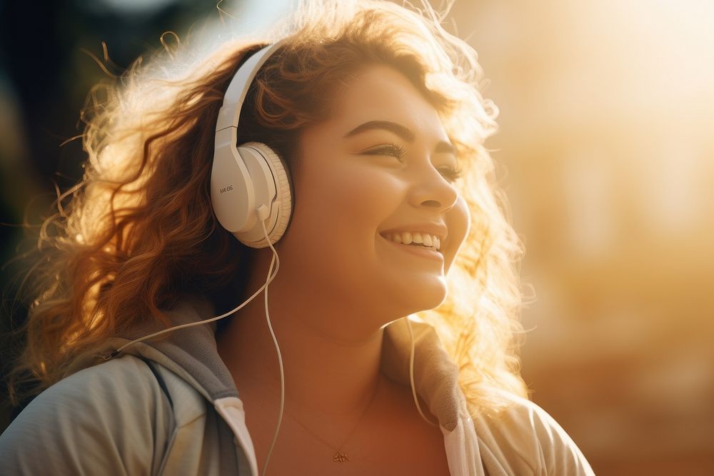 Woman listening to music, natural light AI generated image