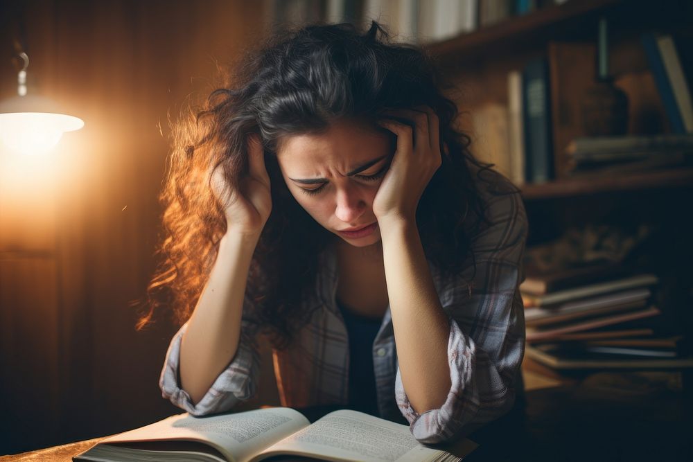 Depressed college student reading book at night AI generated image