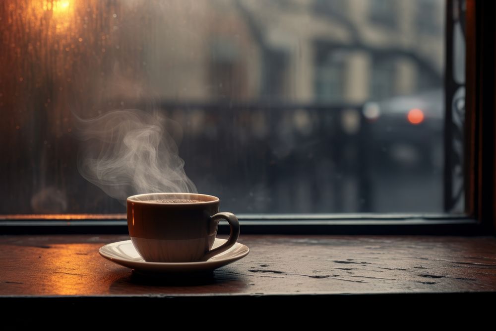 Hot coffee by a window AI generated image