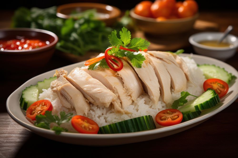 Hainanese chicken rice, Asian food AI generated image