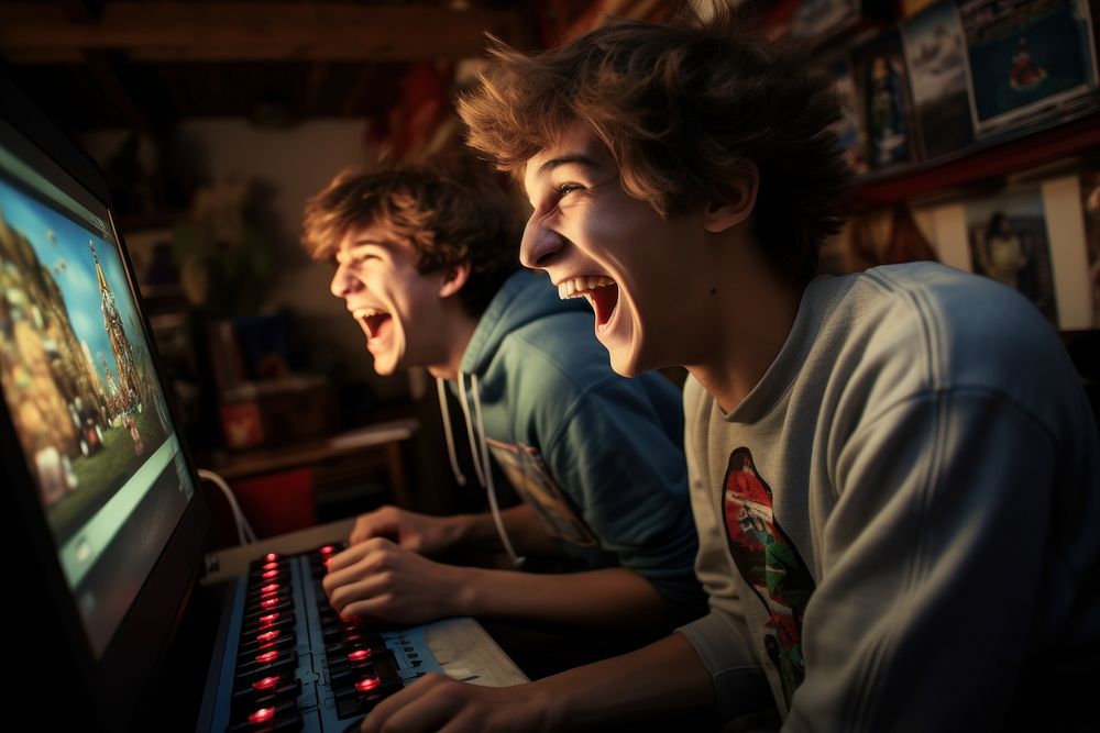 Boys playing computer game AI generated image